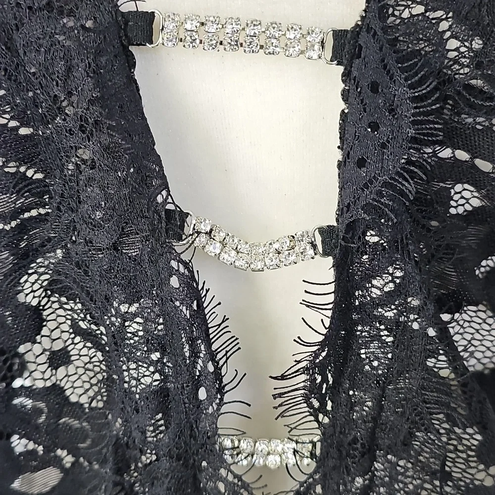 Sheer Black Lace Mini‎ Deep Vneck Nightgown w Crystal Embellishments Whimsigoth